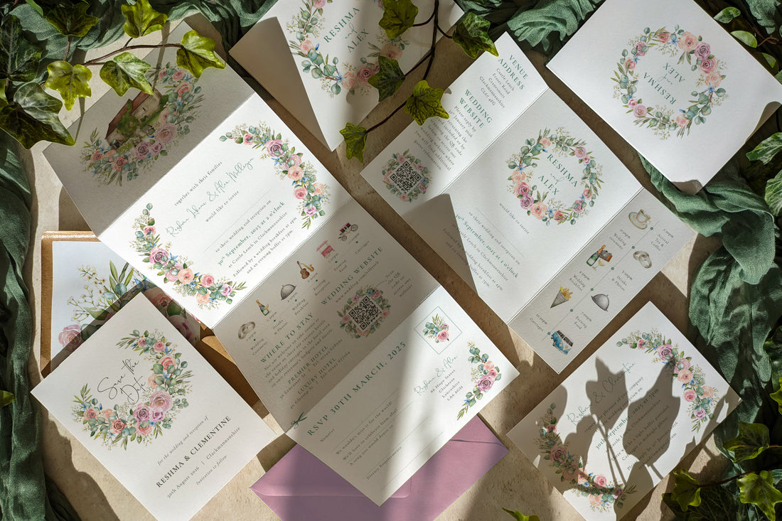 Introducing the Blush Pink Roses, Gypsophila, and Eucalyptus Greenery Collection: Your Dream Wedding Stationery