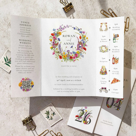Wedding invitation card with floral design and event schedule on a textured surface.