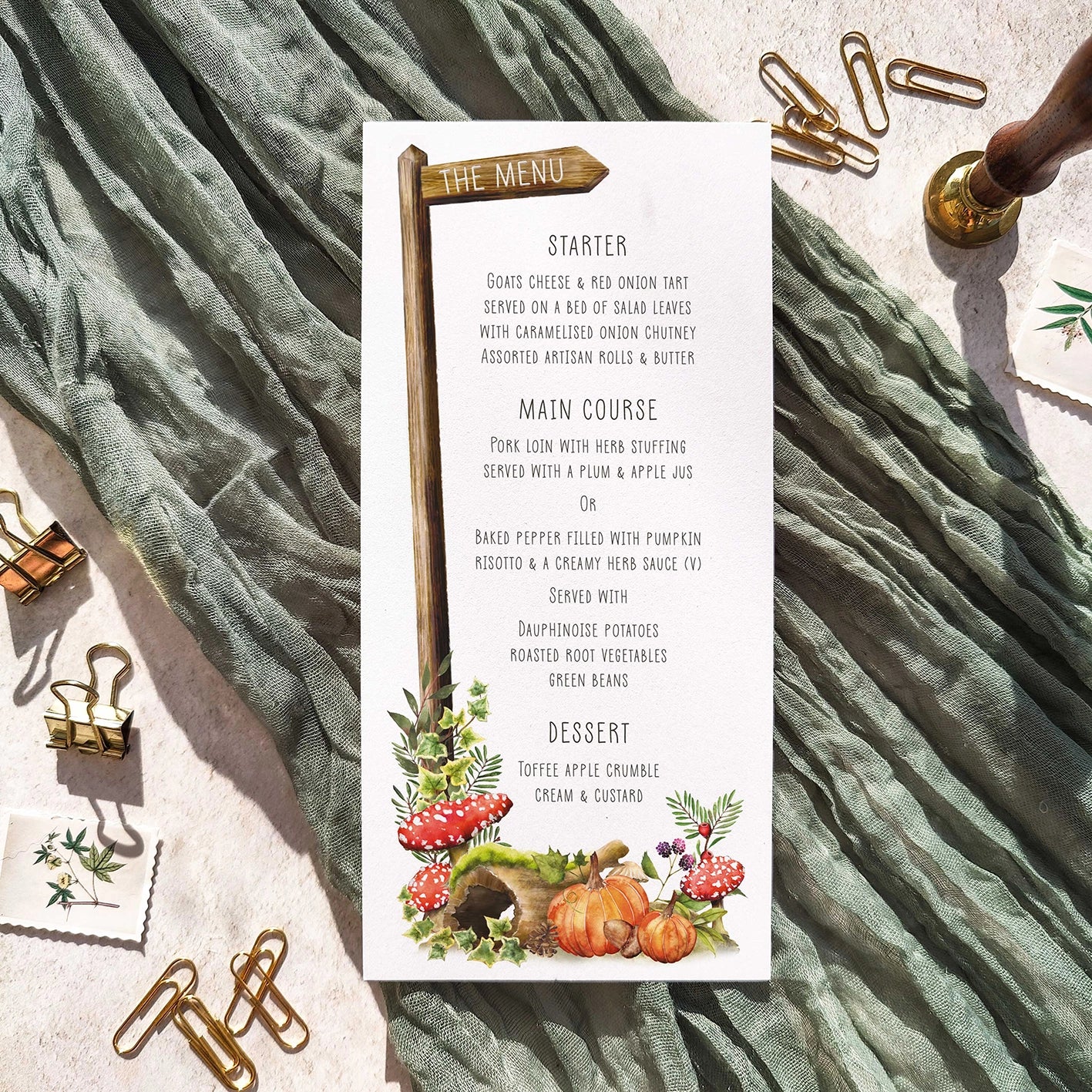 Menu card with a autumn-themed design on a textured surface