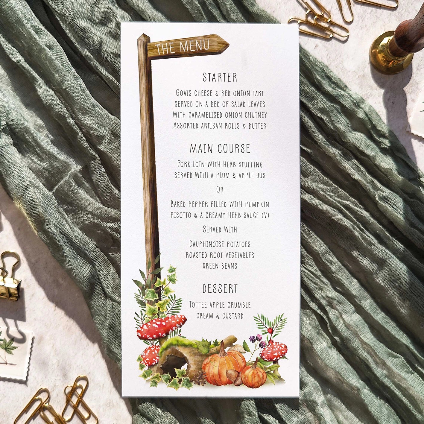 Menu card with autumn-themed design on a textured surface
