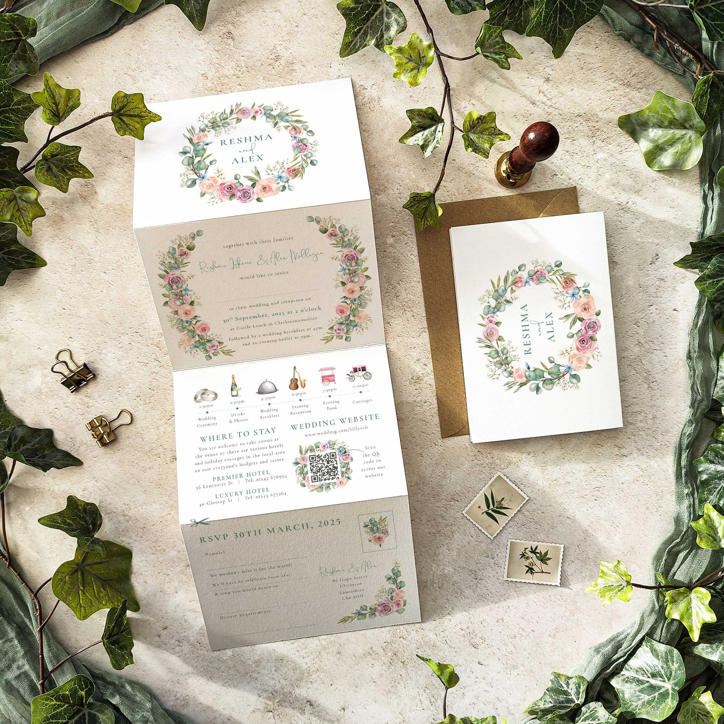 Blush Rose and Eucalyptus Concertina Invitation
