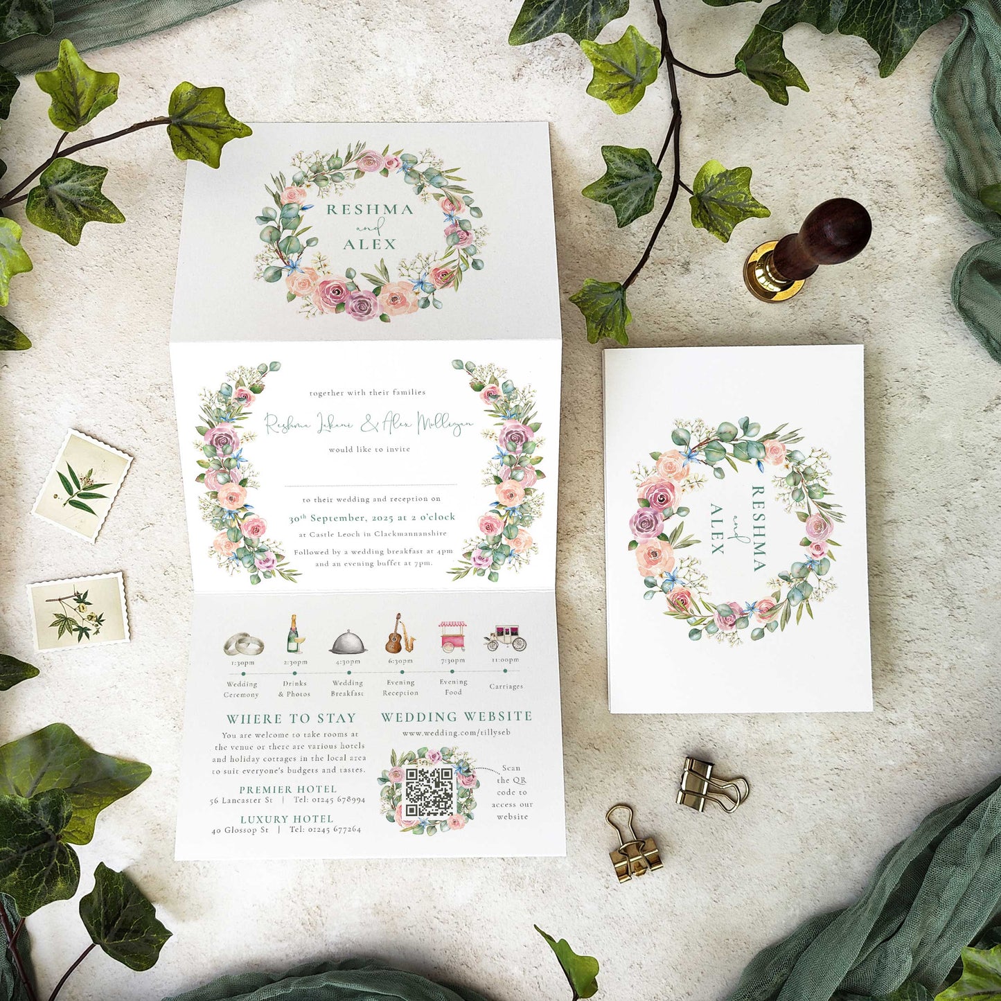Blush Rose and Eucalyptus Concertina Invitation