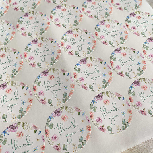 Blush Pink Roses and Eucalyptus Thank You Stickers (35 stickers)