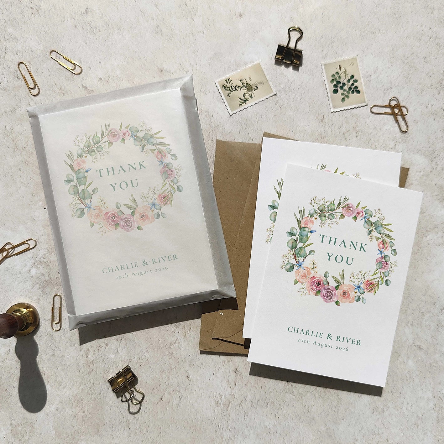 Blush Pink Roses and Eucalyptus Wreath Personalised Thank You Cards