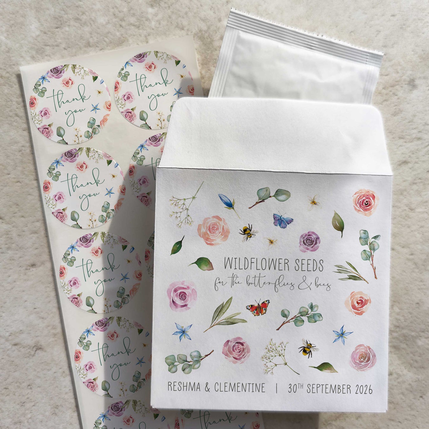 Blush Pink Roses and Eucalyptus Wildflowers Seed Packet Favours (Butterflies and bees) (Pack of 10)