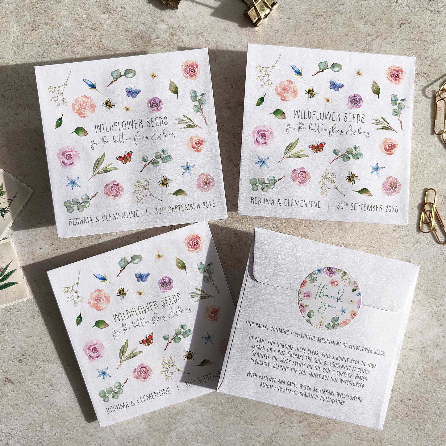 Blush Pink Roses and Eucalyptus Wildflowers Seed Packet Favours (Butterflies and bees) (Pack of 10)