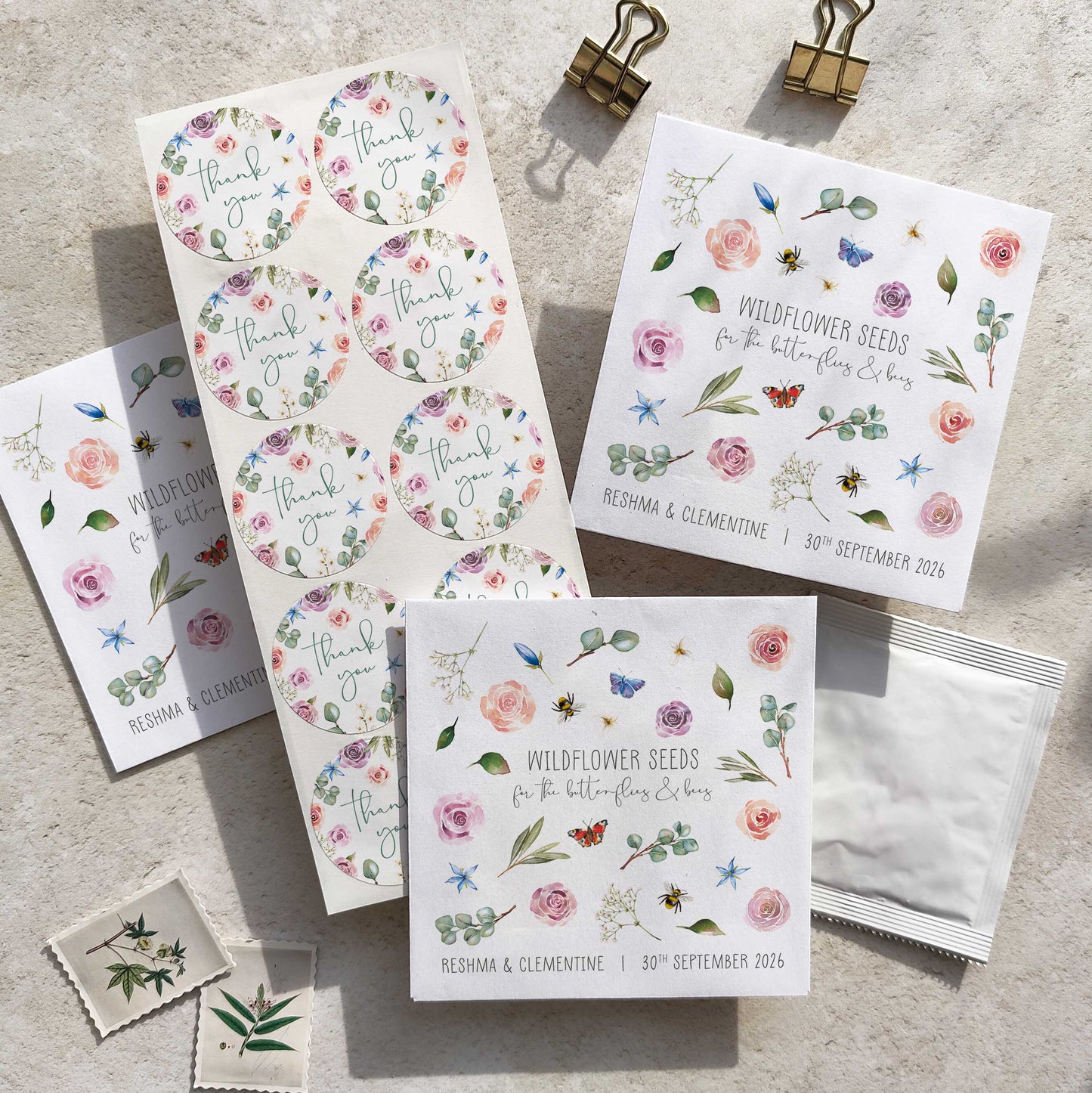 Blush Pink Roses and Eucalyptus Wildflowers Seed Packet Favours (Butterflies and bees) (Pack of 10)