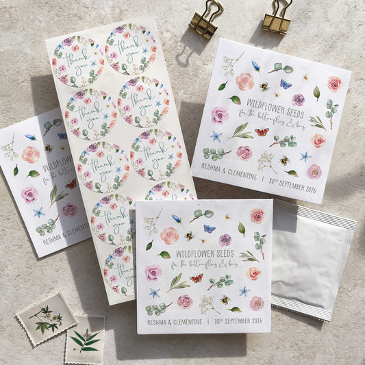 Blush Pink Roses and Eucalyptus Wildflowers Seed Packet Favours (Butterflies and bees) (Pack of 10)
