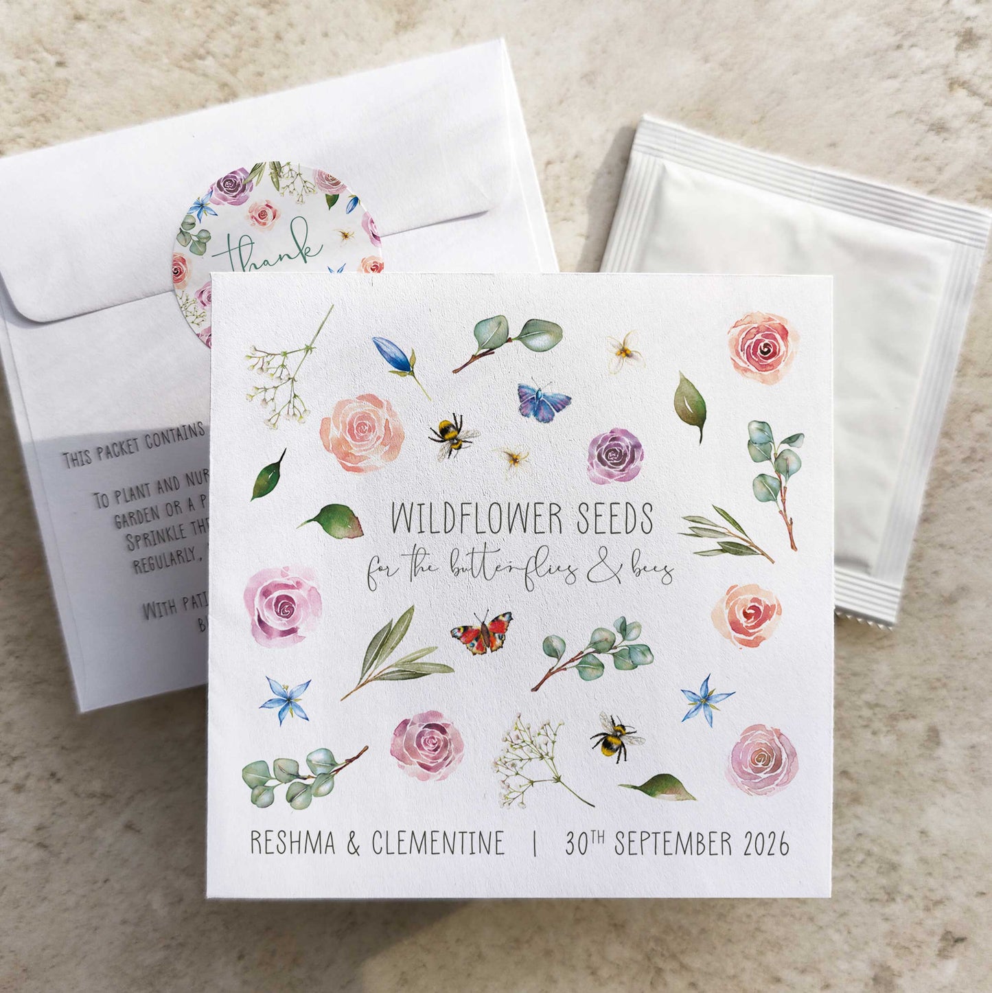 Blush Pink Roses and Eucalyptus Wildflowers Seed Packet Favours (Butterflies and bees) (Pack of 10)