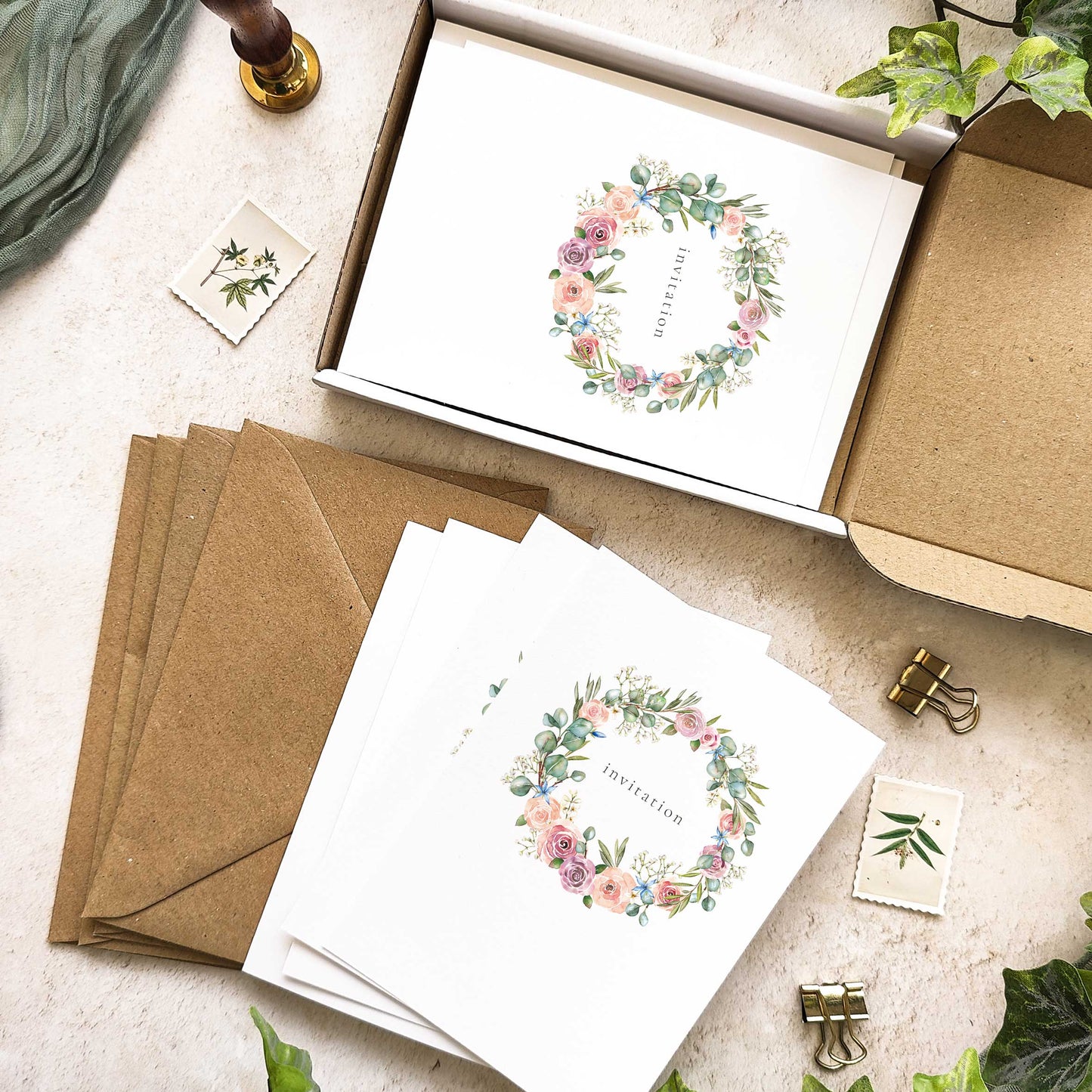 Blush Pink Roses and Eucalyptus Ready To Write Invitations