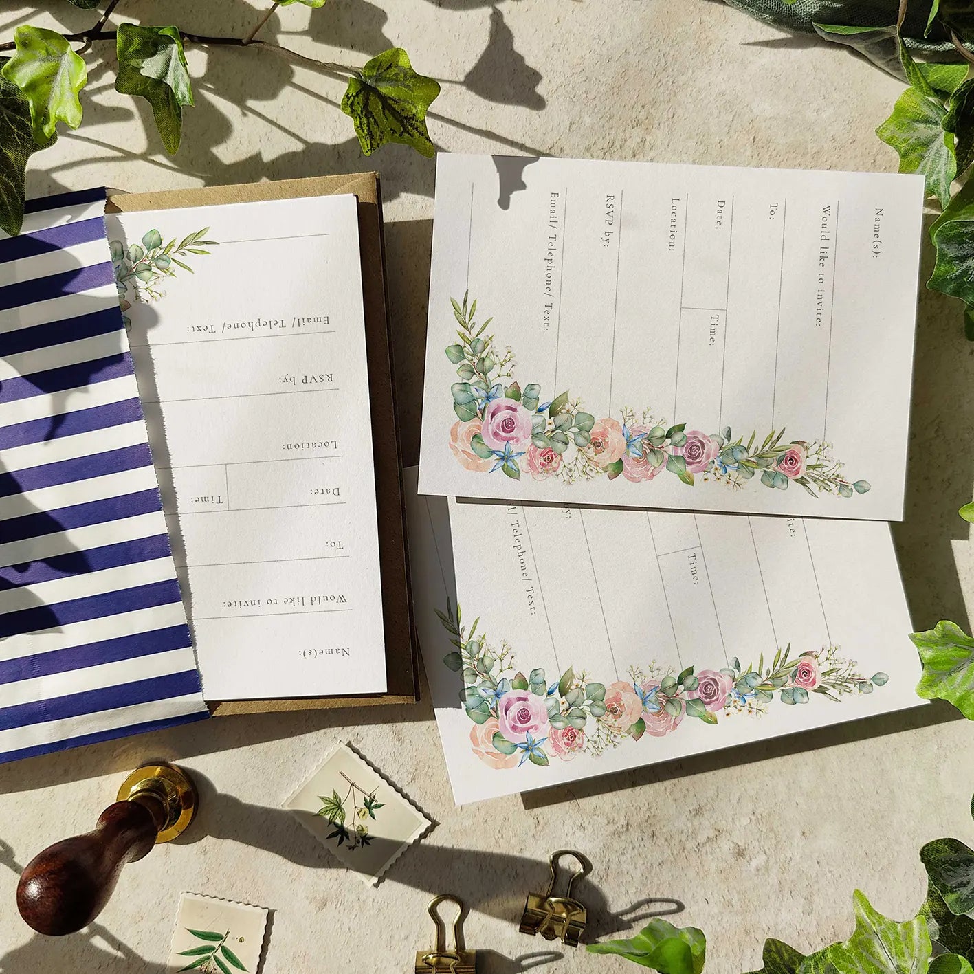 Blush Pink Roses and Eucalyptus Ready To Write Invitations