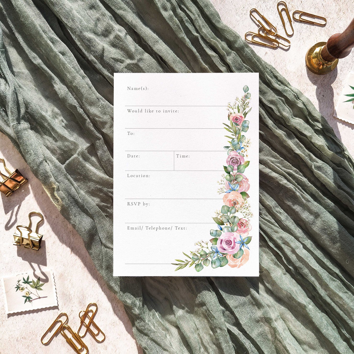 Blush Pink Roses and Eucalyptus Ready To Write Invitations