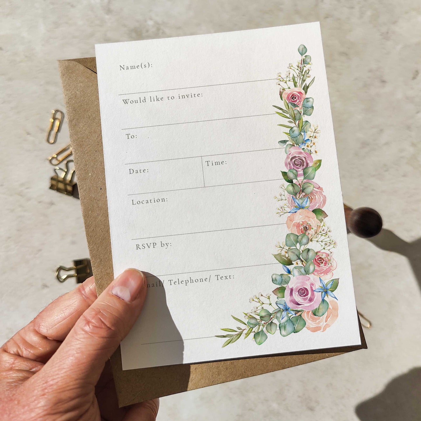 Blush Pink Roses and Eucalyptus Ready To Write Invitations