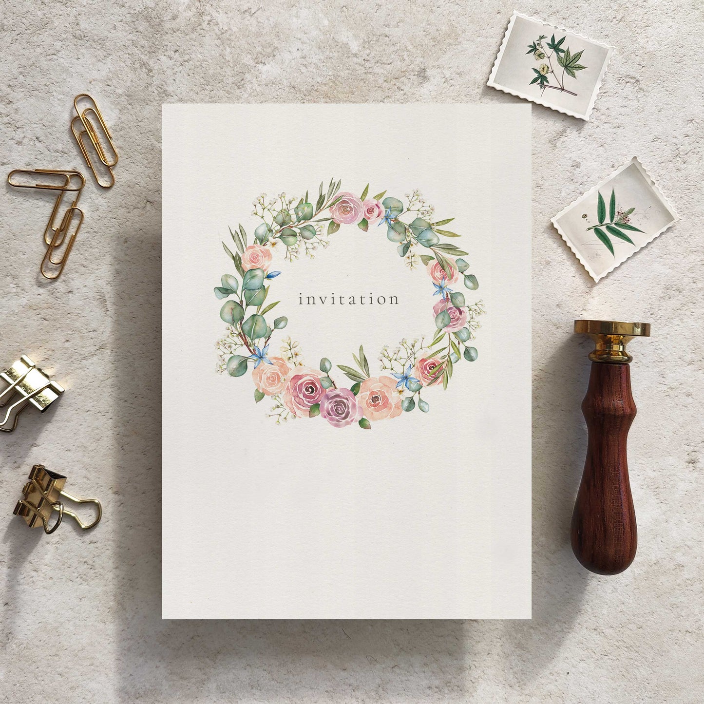 Blush Pink Roses and Eucalyptus Ready To Write Invitations