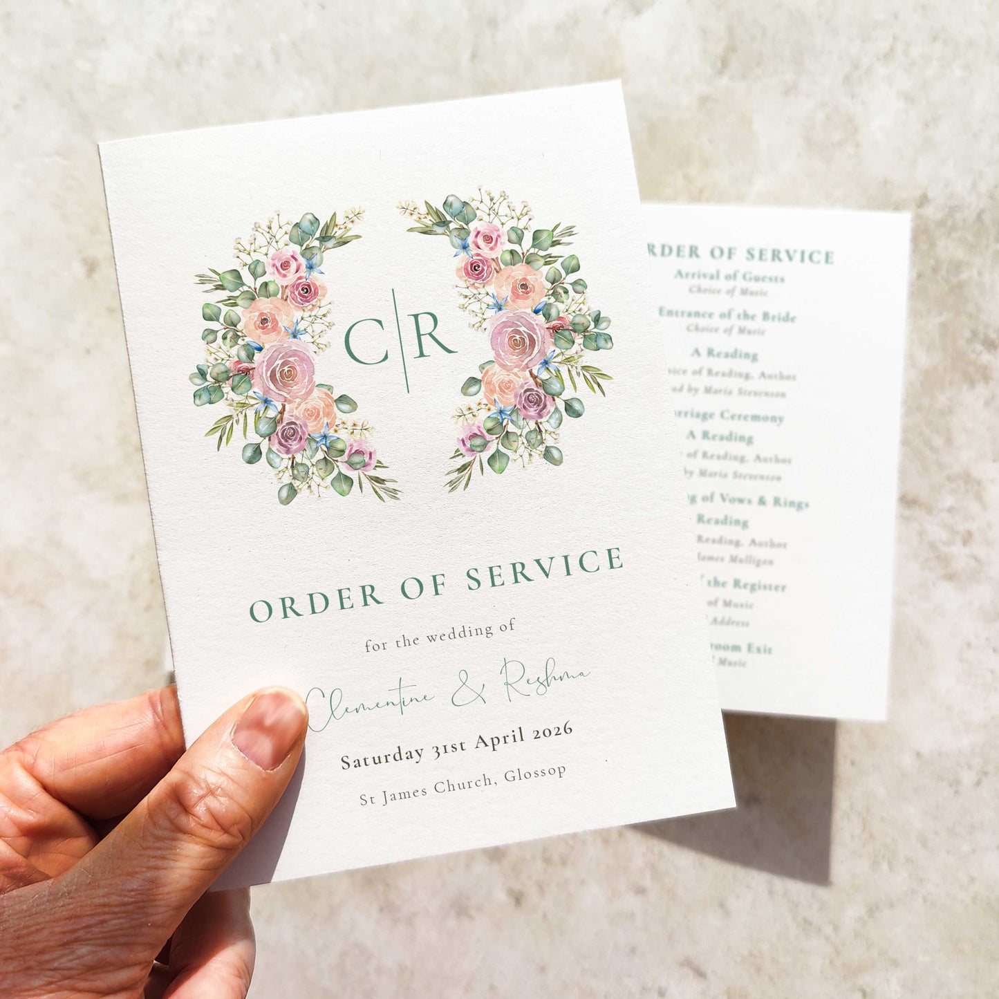 Blush Rose and Eucalyptus Folded Order of Service Card