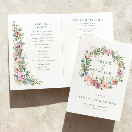 Blush Rose and Eucalyptus Folded Order of Service Card
