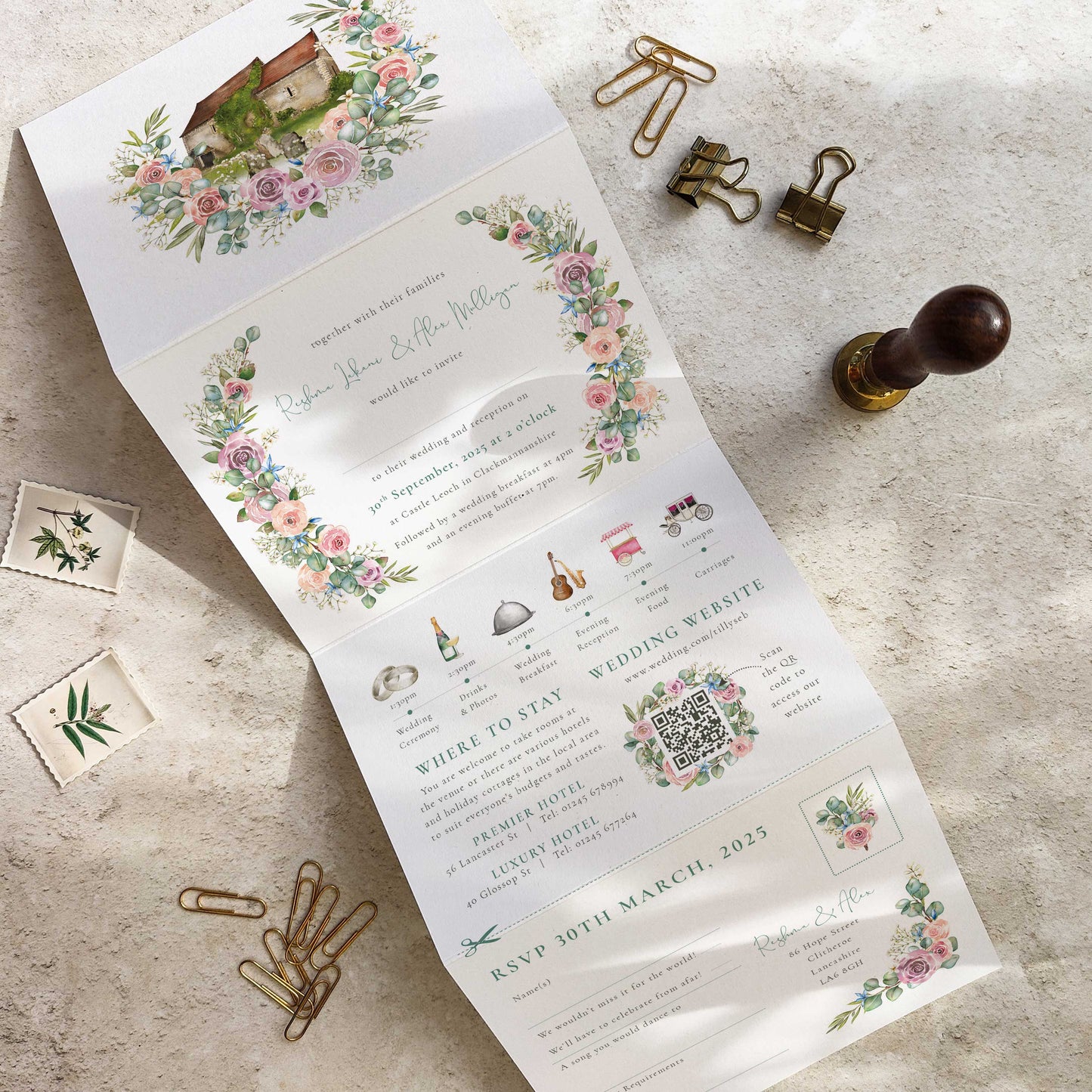 Blush Rose and Eucalyptus Concertina Invitation