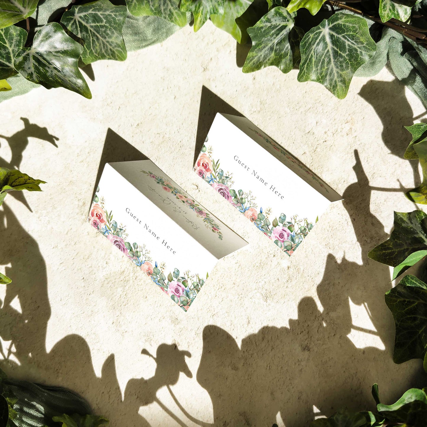 Blush Roses and Eucalyptus Folded Place Cards
