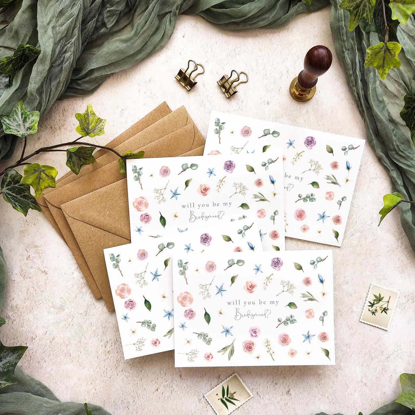 Blush Roses and Eucalyptus Bridesmaid Cards
