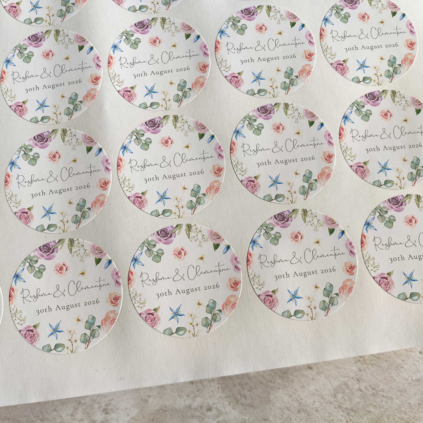 Blush Pink Roses and Eucalyptus Personalised Name and Date Stickers (35 stickers)