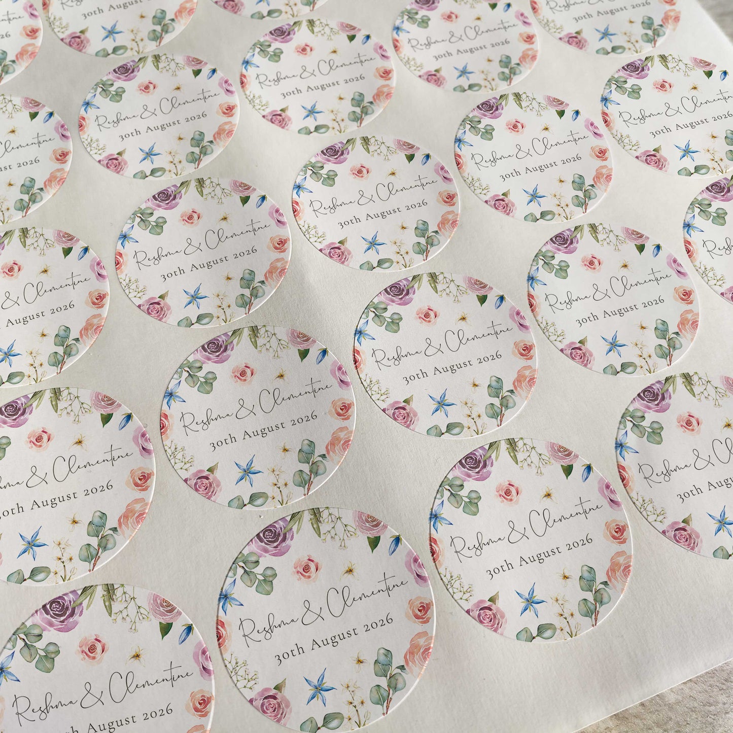 Blush Pink Roses and Eucalyptus Personalised Name and Date Stickers (35 stickers)