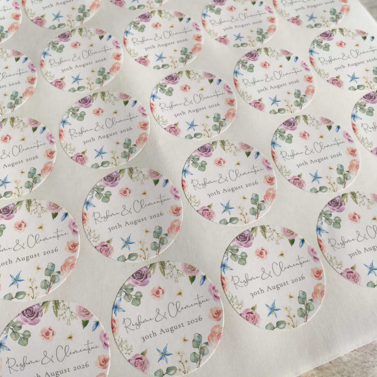Blush Pink Roses and Eucalyptus Personalised Name and Date Stickers (35 stickers)