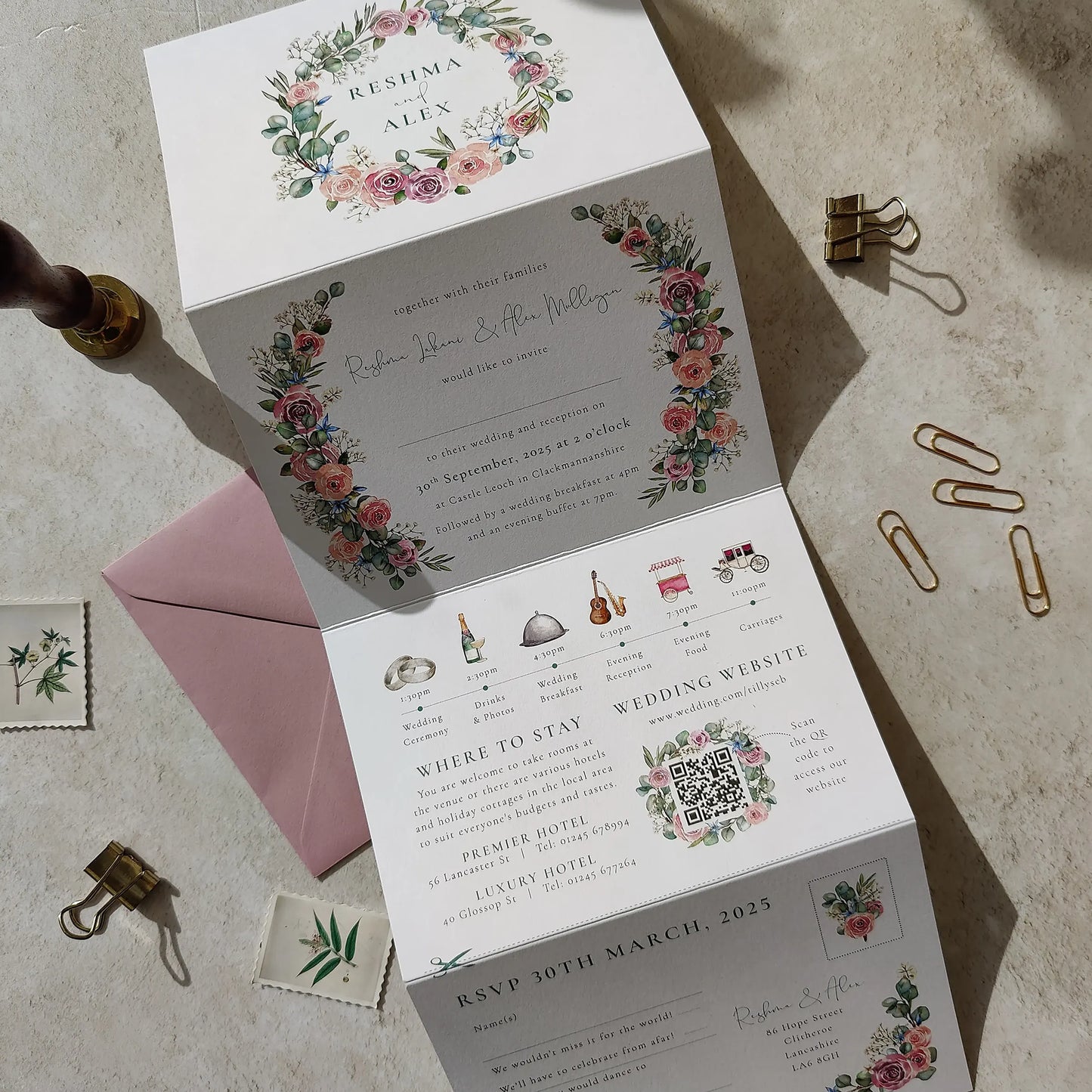 Blush Rose and Eucalyptus Concertina Invitation