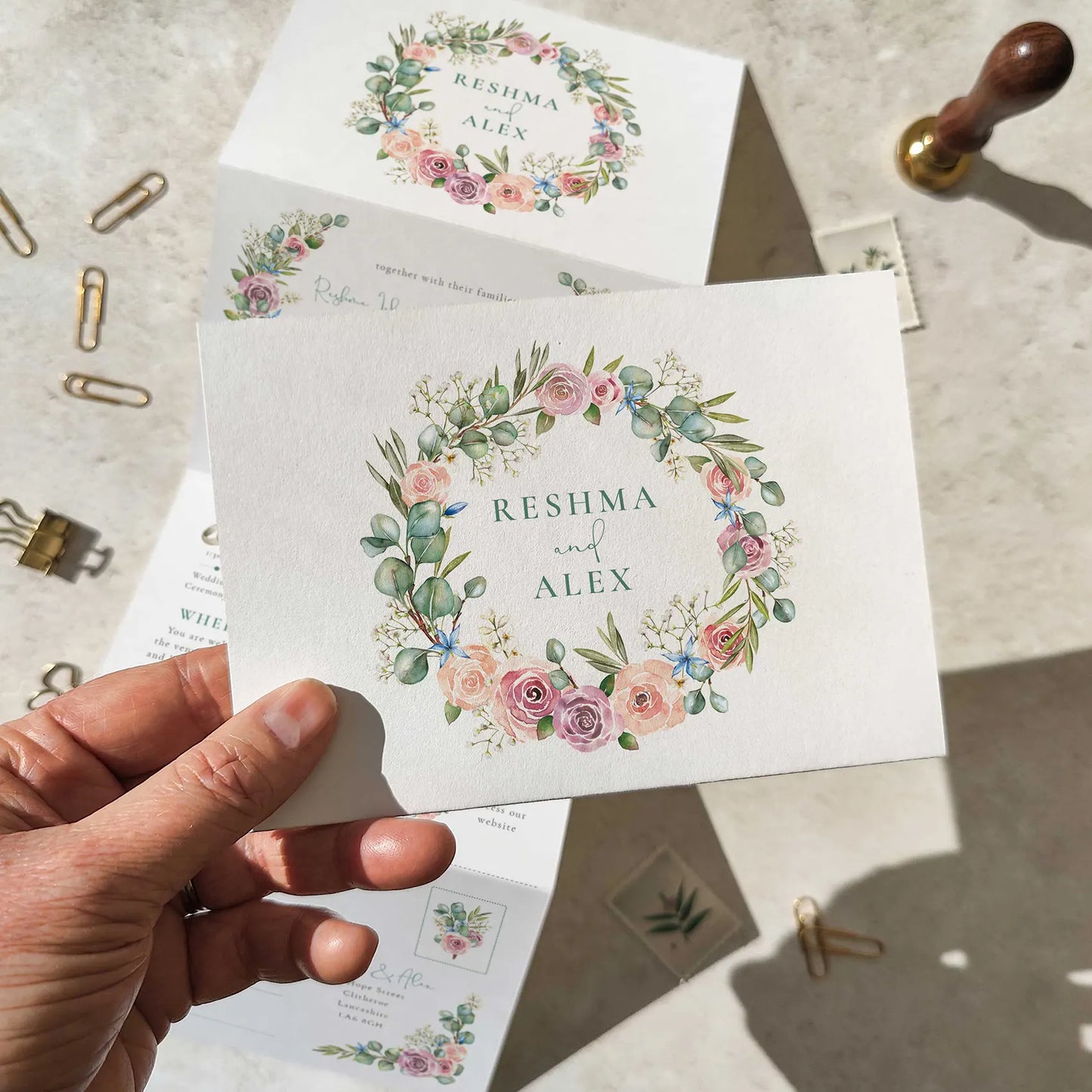 Blush Rose and Eucalyptus Concertina Invitation