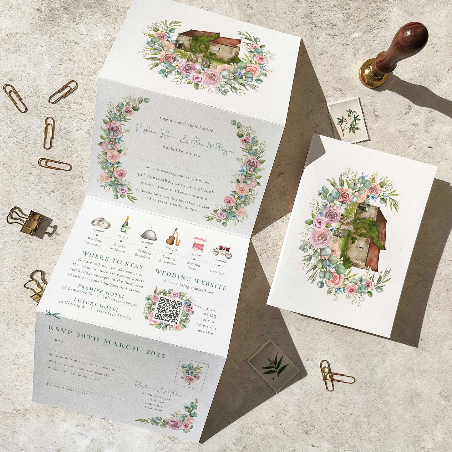 Blush Rose and Eucalyptus Concertina Invitation