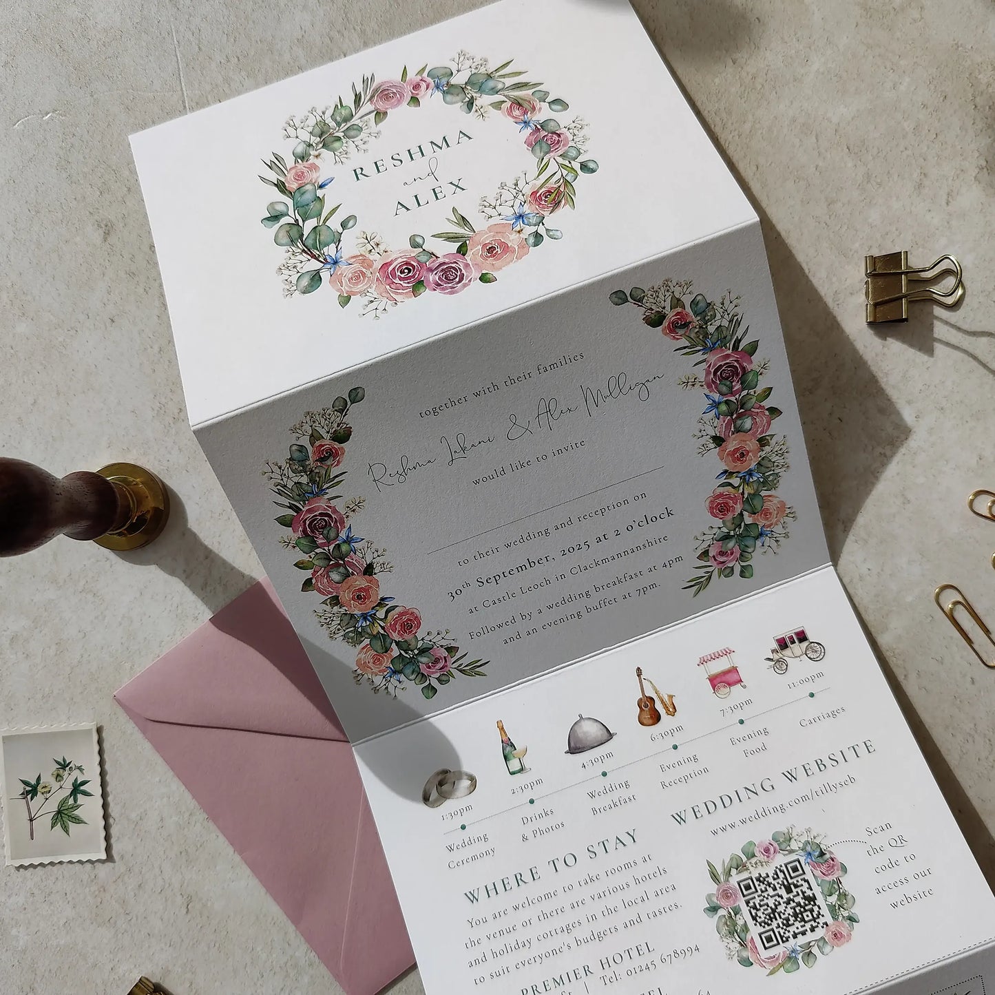 Blush Rose and Eucalyptus Concertina Invitation