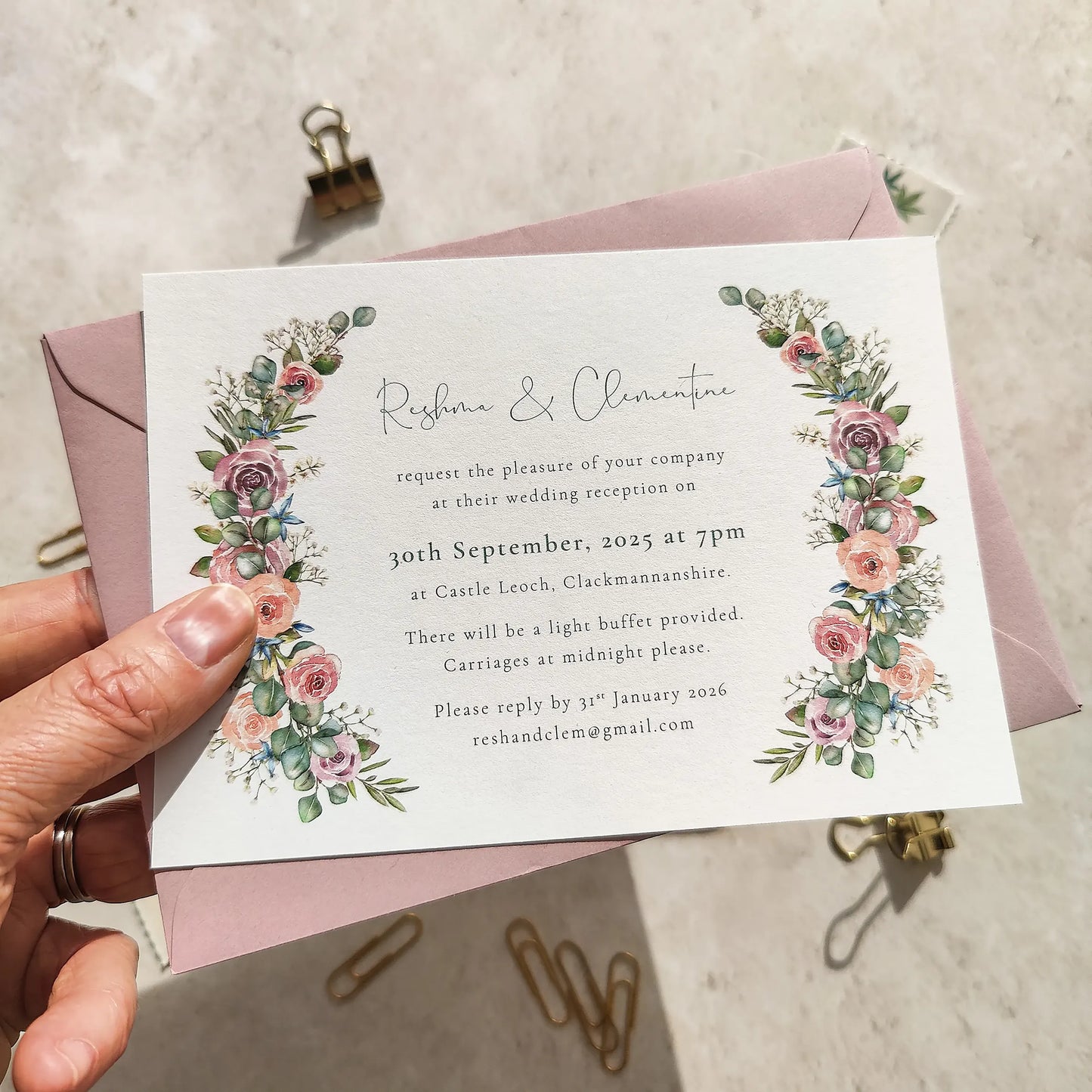 Blush Roses and Eucalyptus Evening Invitation