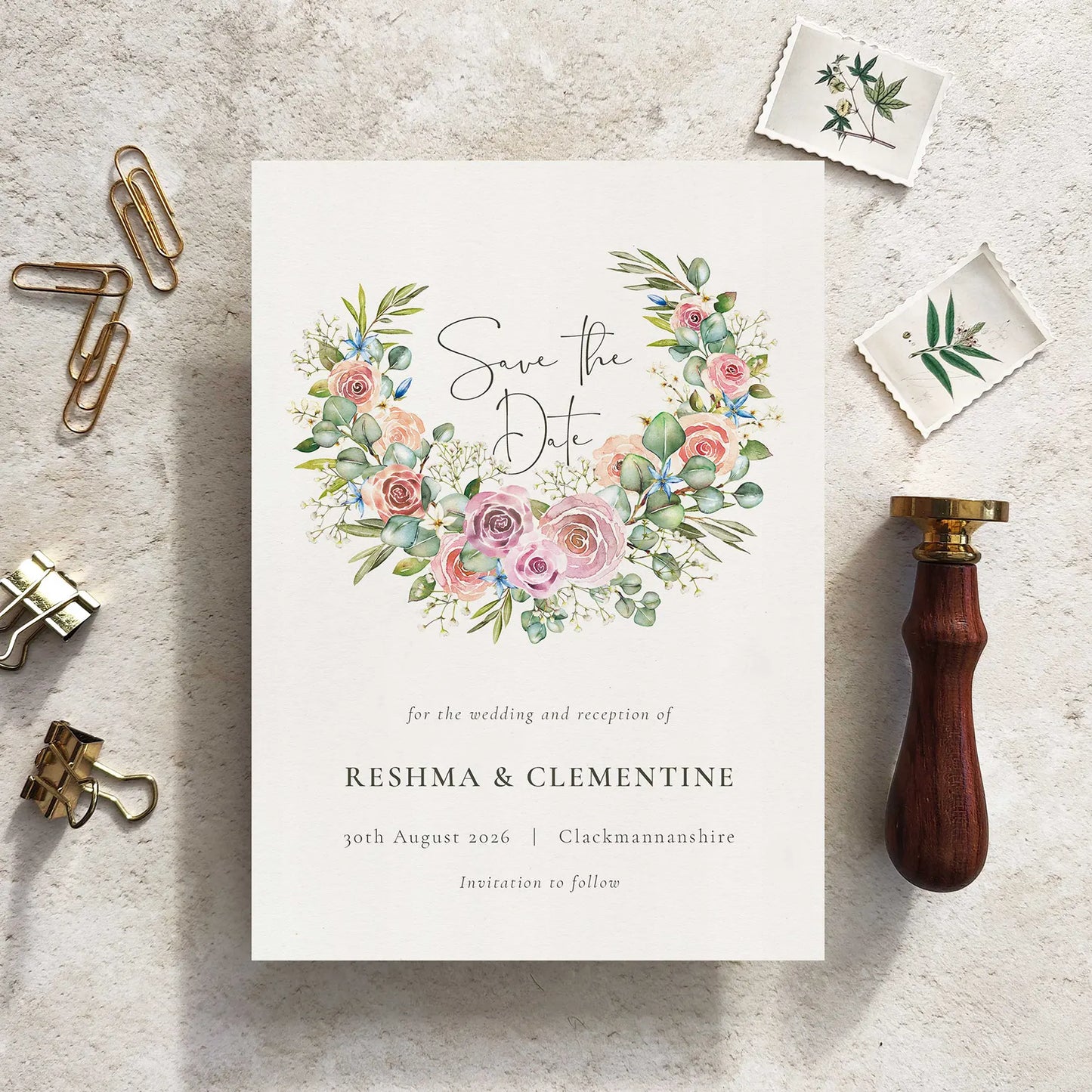 Blush Rose and Eucalyptus Save The Date Card