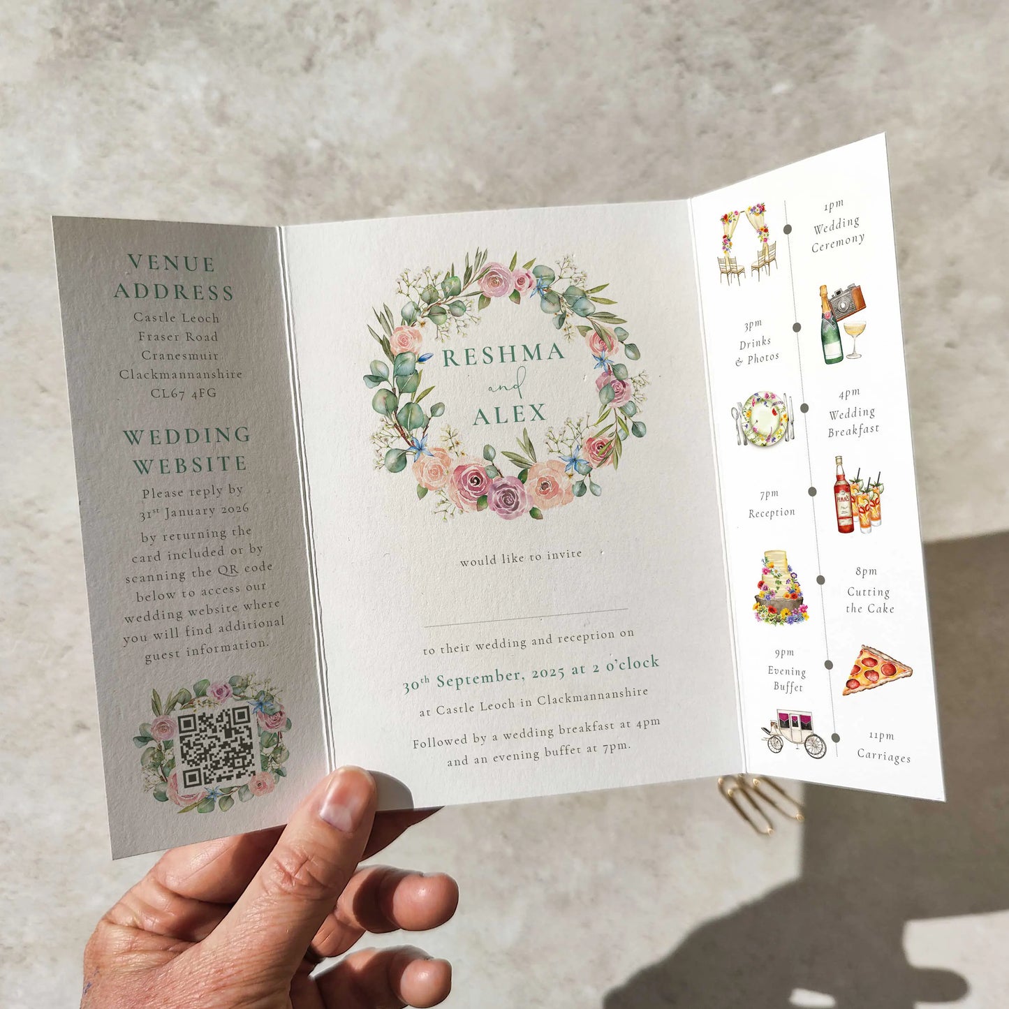 Blush Rose and Eucalyptus Gate folded A6 Wedding Invitation