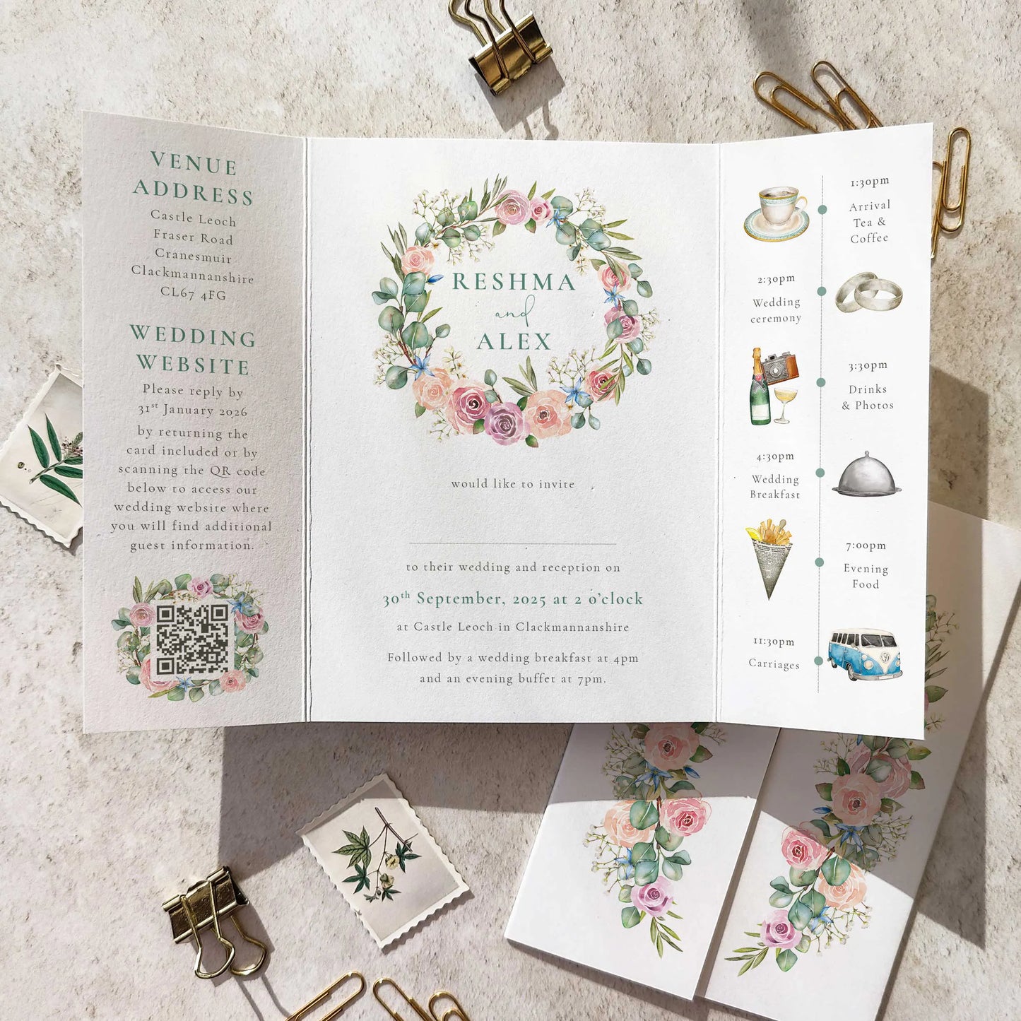Blush Rose and Eucalyptus Gate folded A6 Wedding Invitation