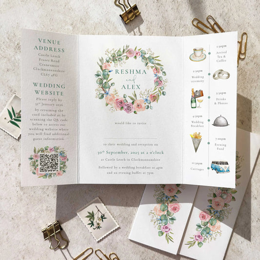 Blush Rose and Eucalyptus Gate folded A6 Wedding Invitation
