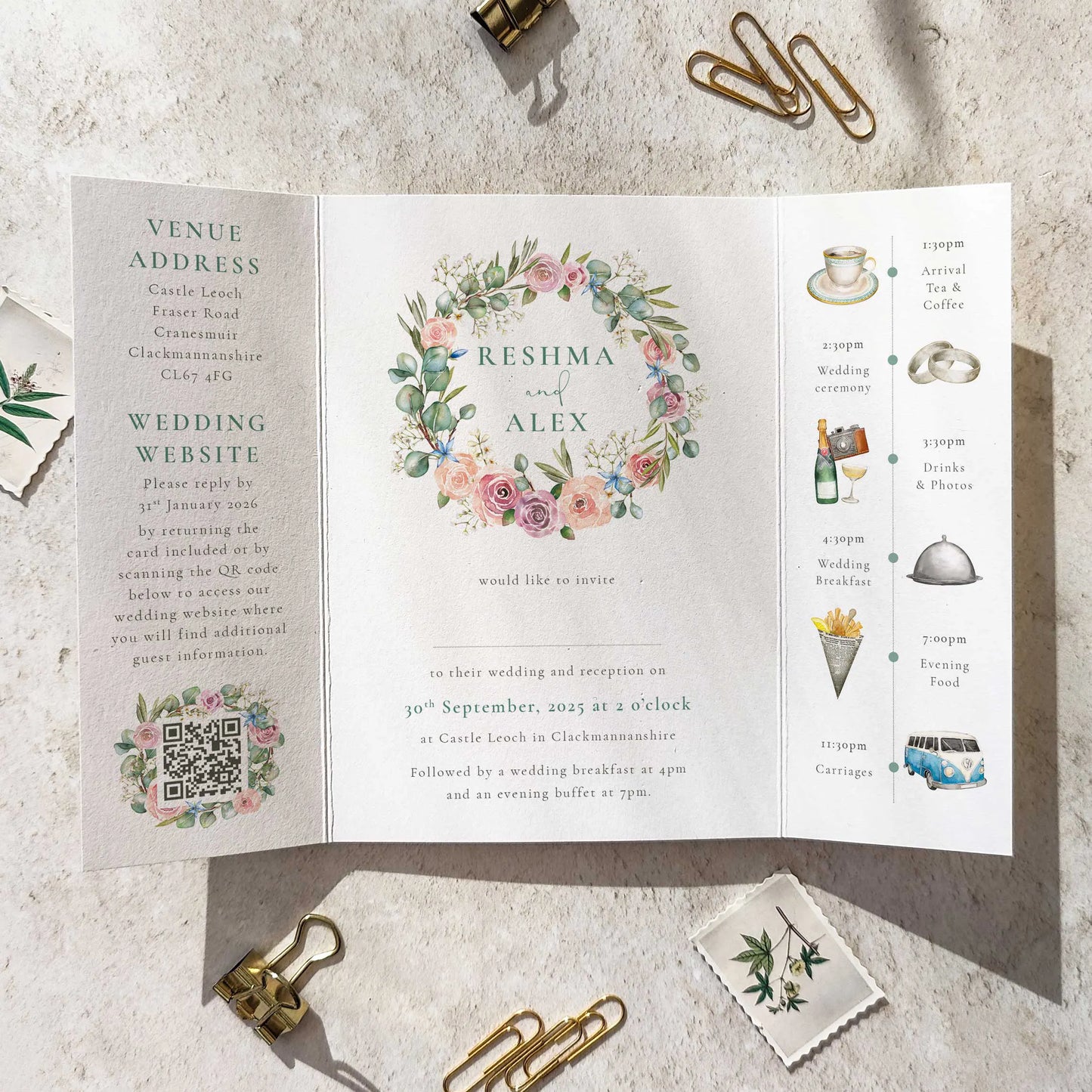 Blush Rose and Eucalyptus Gate folded A6 Wedding Invitation
