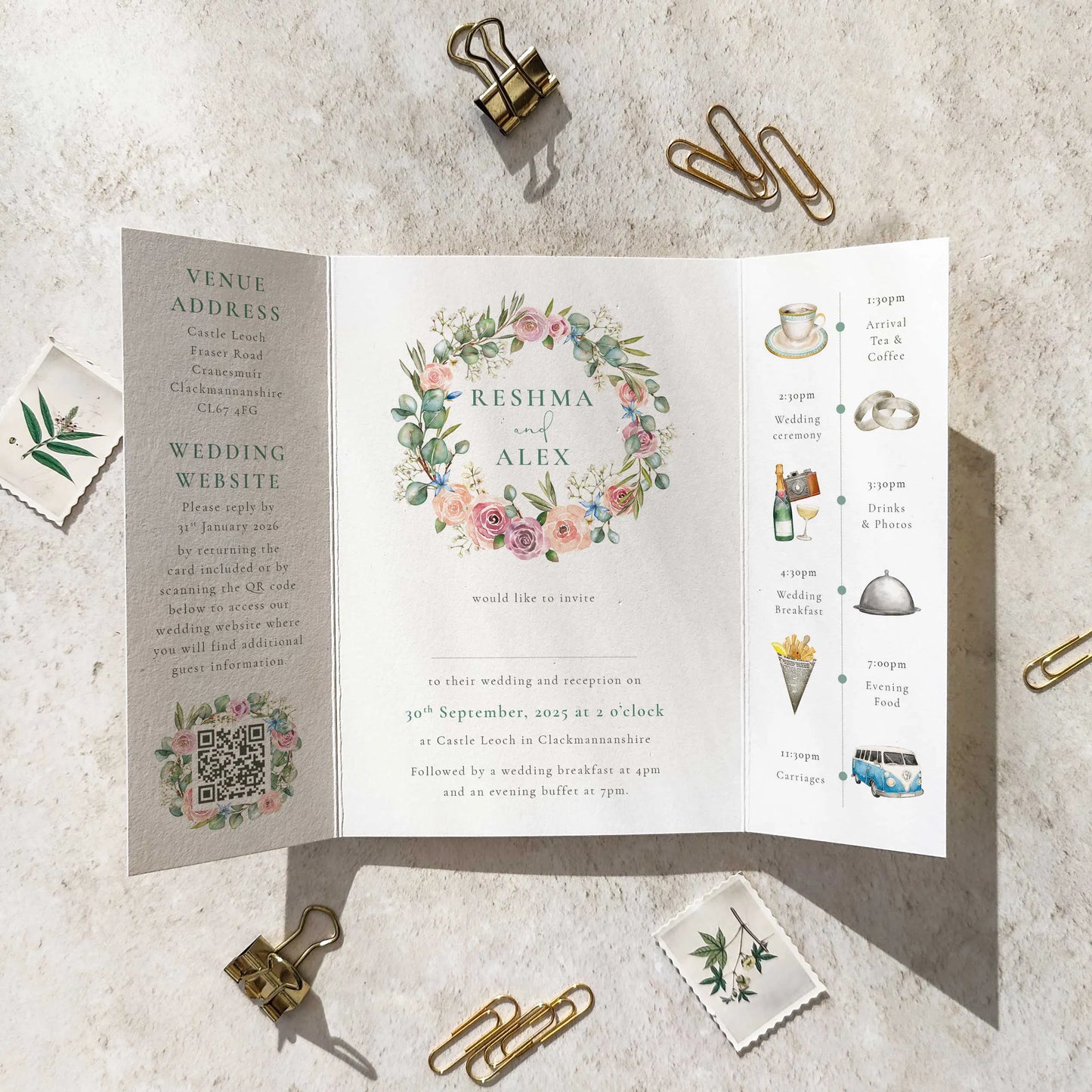 Blush Rose and Eucalyptus Gate folded A6 Wedding Invitation