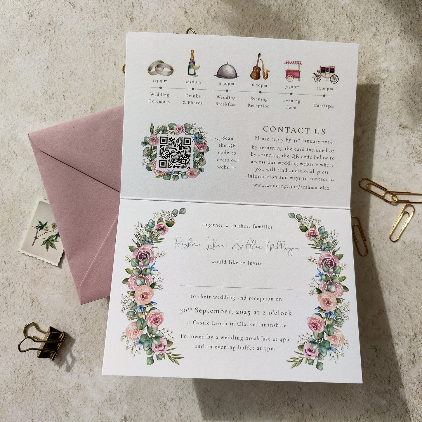 Blush Rose and Eucalyptus A6 Wedding Folded Invitation With Optional Venue Painting