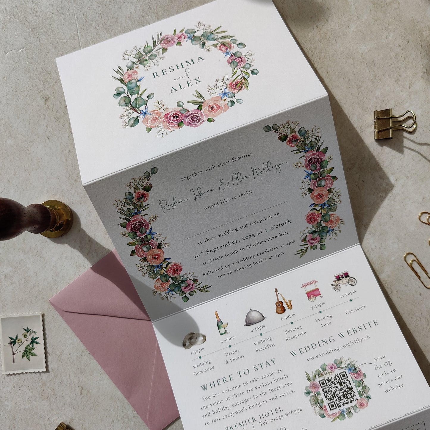 Blush Rose and Eucalyptus Concertina Invitation
