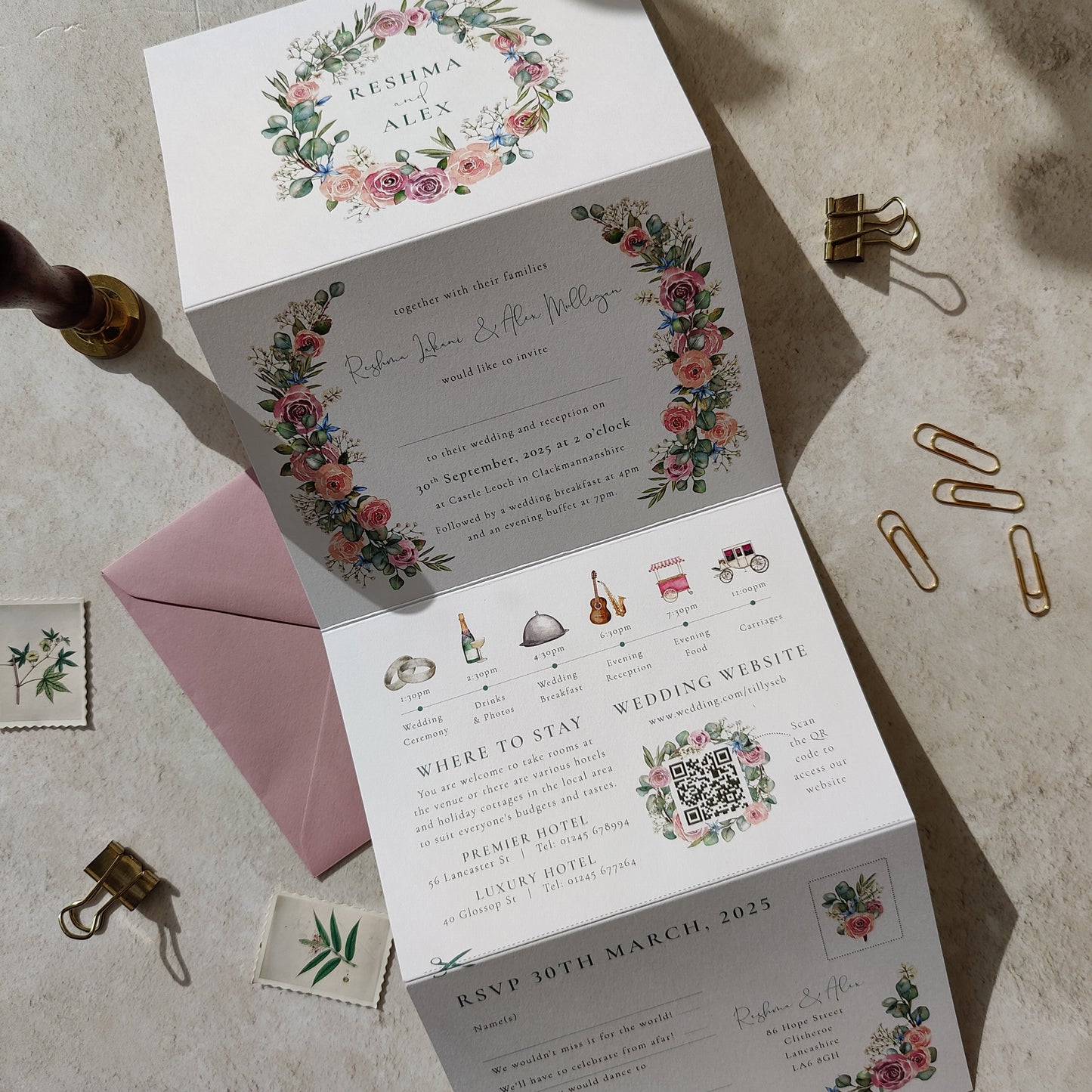 Blush Rose and Eucalyptus Concertina Invitation