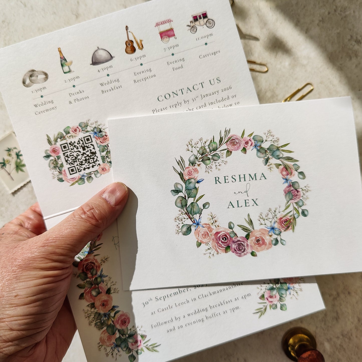 Blush Rose and Eucalyptus A6 Wedding Folded Invitation With Optional Venue Painting