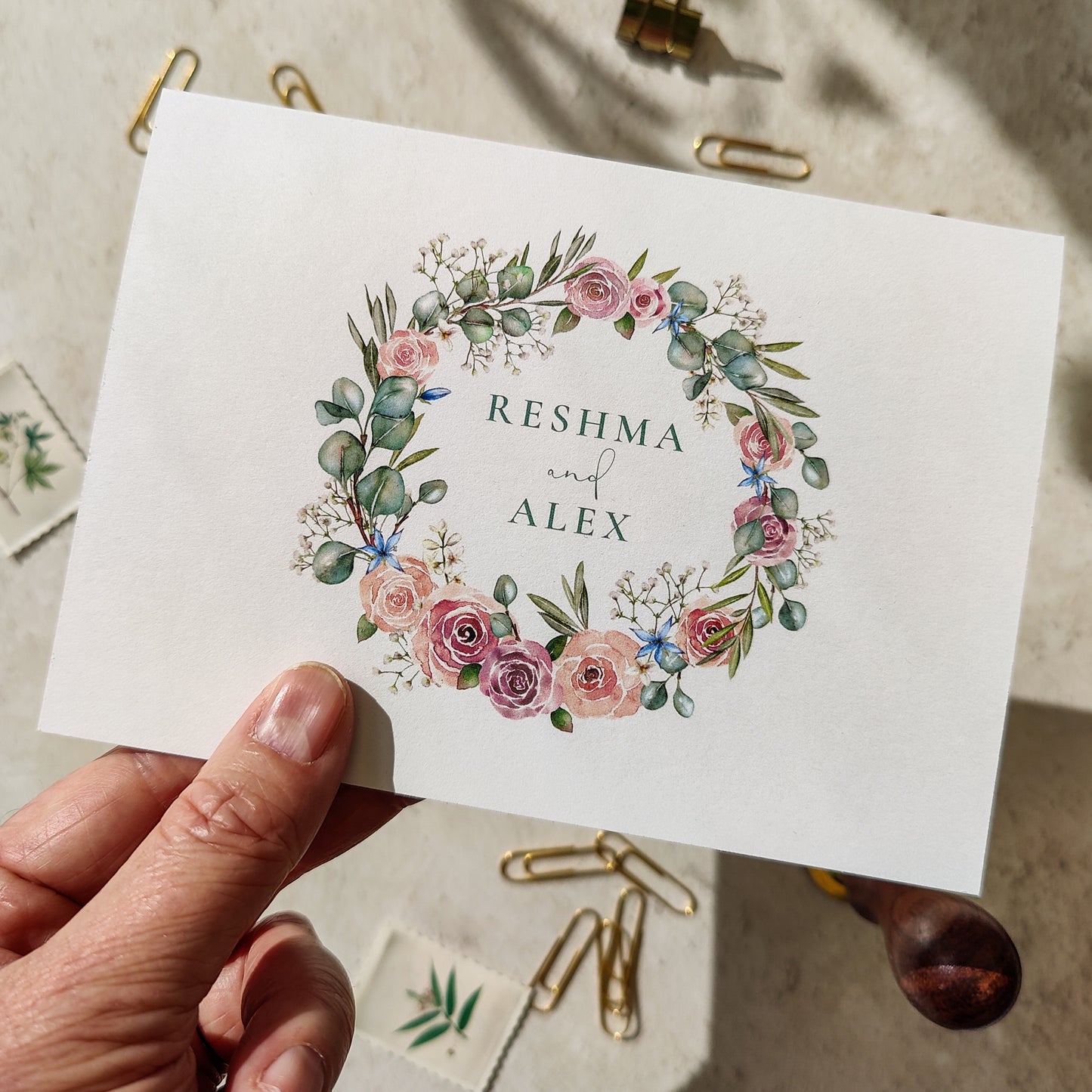 Blush Rose and Eucalyptus A6 Wedding Folded Invitation With Optional Venue Painting
