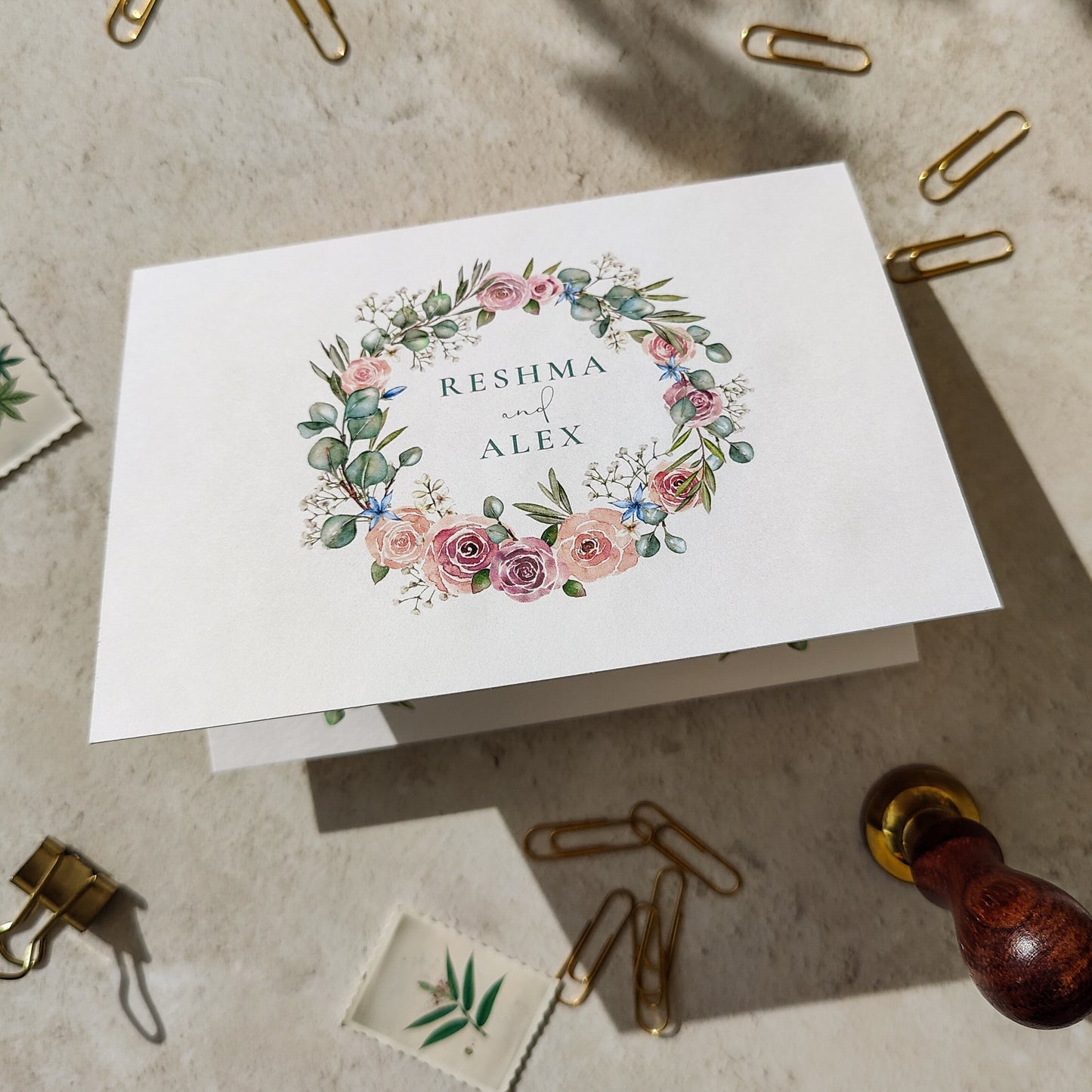 Blush Rose and Eucalyptus A6 Wedding Folded Invitation With Optional Venue Painting