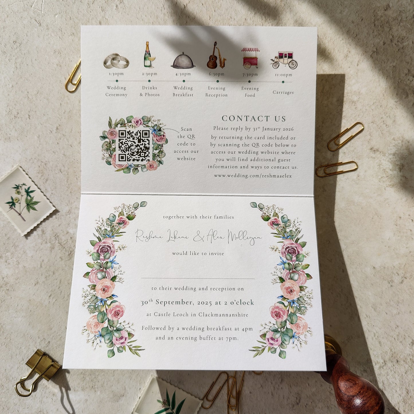 Blush Rose and Eucalyptus A6 Wedding Folded Invitation With Optional Venue Painting