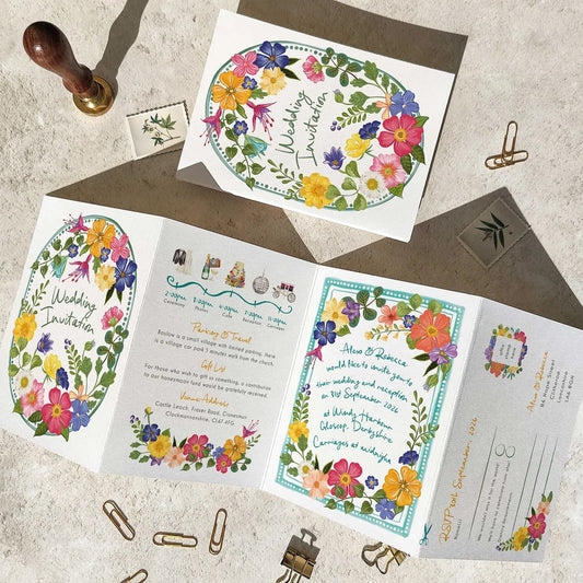 Bright and Colourful Festive Floral Concertina Invitation with illustrated wedding timeline