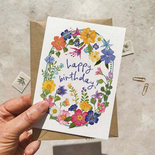Bright and Colourful Festive Floral Birthday Card and Envelope