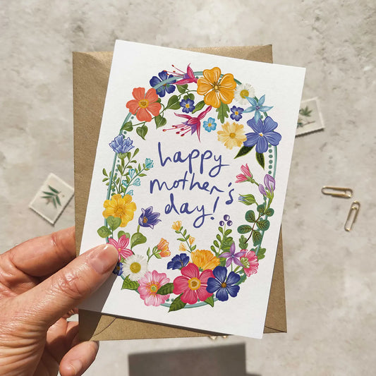Bright and Colourful Festive Floral Blue Mother's Day Card and Envelope