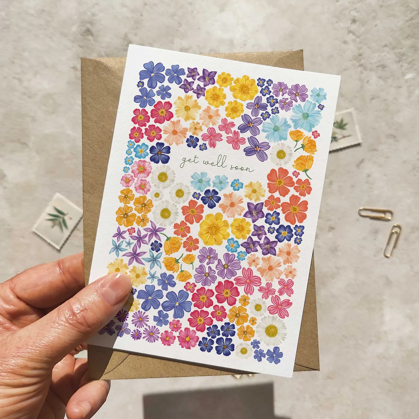 Bright and Colourful Festive Floral Get Well Soon Cards and Envelopes