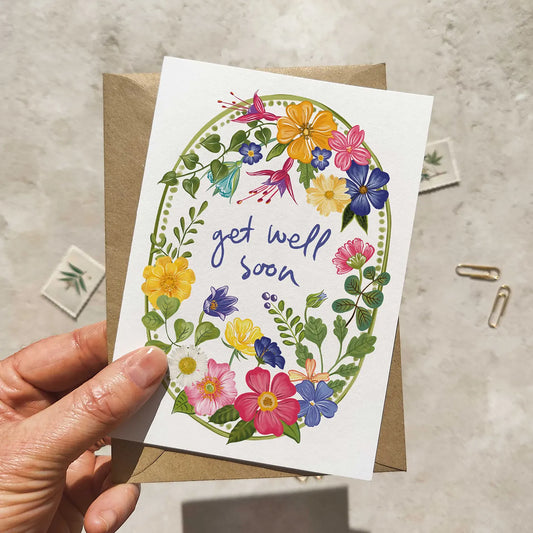 Bright and Colourful Festive Floral Garden Get Well Soon Cards and Envelopes