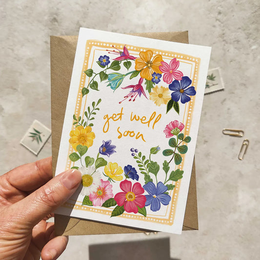 Bright and Colourful Festive Floral Yellow Get Well Soon Cards and Envelopes